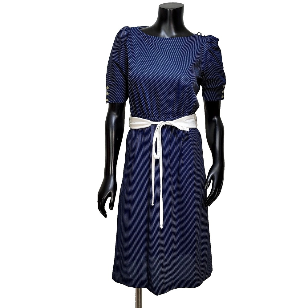 Vintage Sally Lou Navy Blue Pinstripe Short Sleeve Belted ALine Dress Careercore